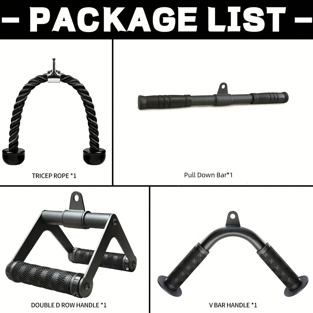 Cable Machine Attachment, Row Double D Handles, Tricep Rope, Straight Tricep Bar, V Bar, LAT Pulldown Gym Accessories