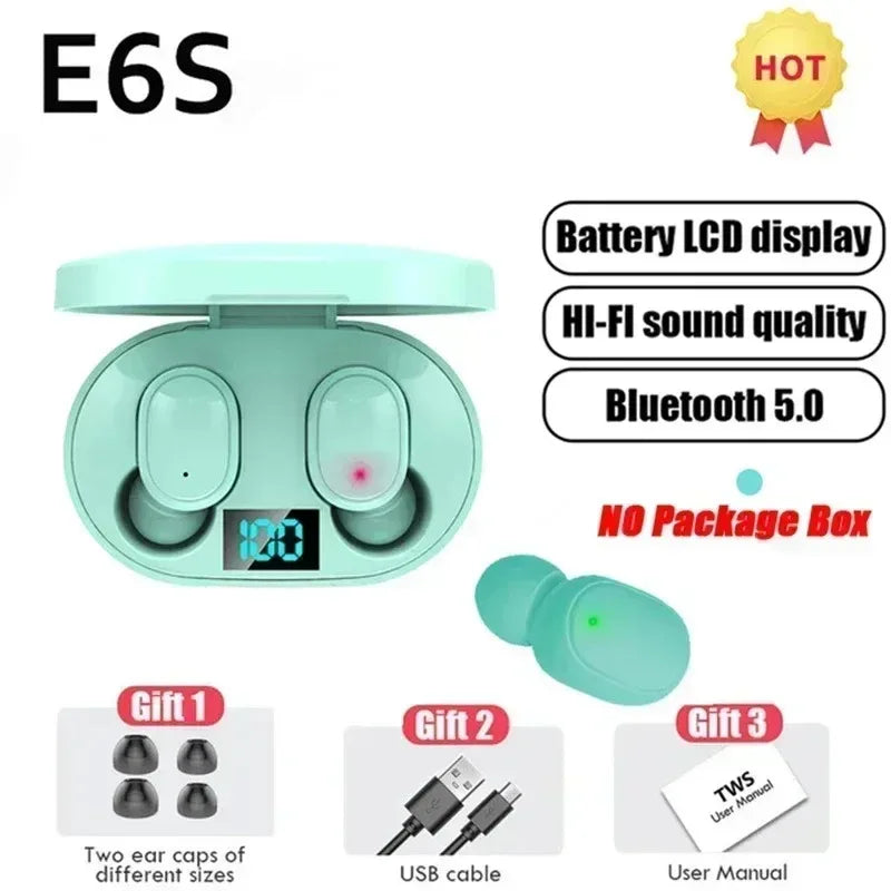 Digital Display Bluetooth Earphones with Mic TWS E6S Wireless Bluetooth Headset Noise Cancelling Headset for Xiaomi Huawei Oppo