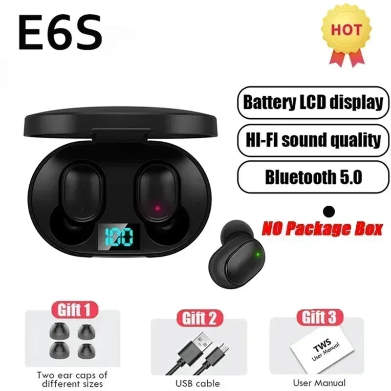 Digital Display Bluetooth Earphones with Mic TWS E6S Wireless Bluetooth Headset Noise Cancelling Headset for Xiaomi Huawei Oppo