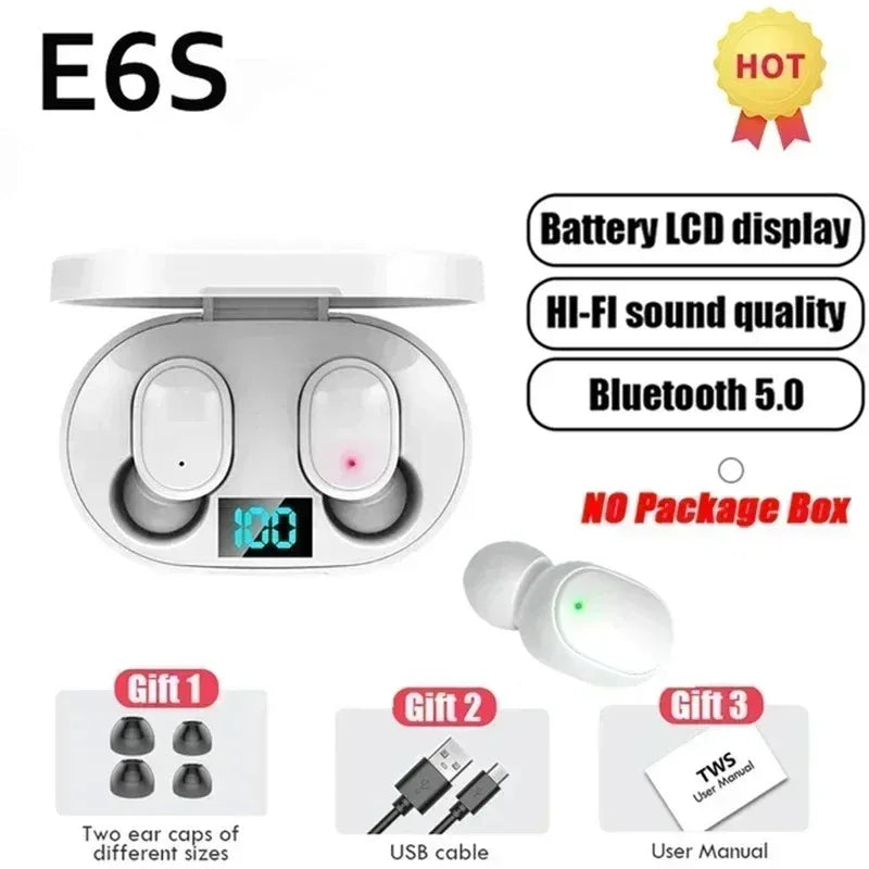 Digital Display Bluetooth Earphones with Mic TWS E6S Wireless Bluetooth Headset Noise Cancelling Headset for Xiaomi Huawei Oppo