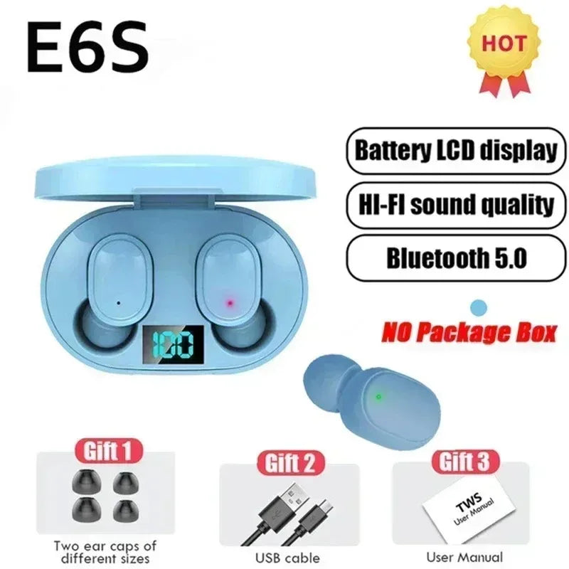 Digital Display Bluetooth Earphones with Mic TWS E6S Wireless Bluetooth Headset Noise Cancelling Headset for Xiaomi Huawei Oppo