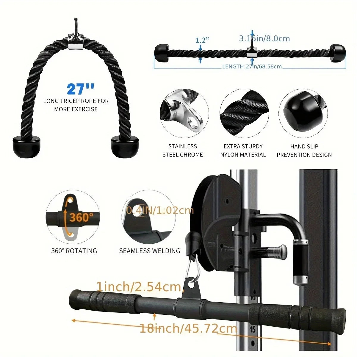 Cable Machine Attachment, Row Double D Handles, Tricep Rope, Straight Tricep Bar, V Bar, LAT Pulldown Gym Accessories