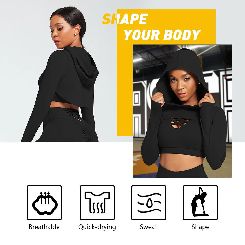 3 Pieces Women's Yoga Fitness Set - Gym Workout Long Sleeve Cropped Hoodie Active Wear Sport Tracksuit