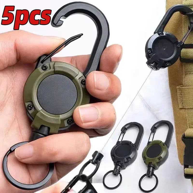 1/5Pcs Retractable Heavy Duty Carabiner Keychain Steel Wire Rope Spring Buckle Pull Reel Anti-theft Outdoor Sporty Key Ring Tool